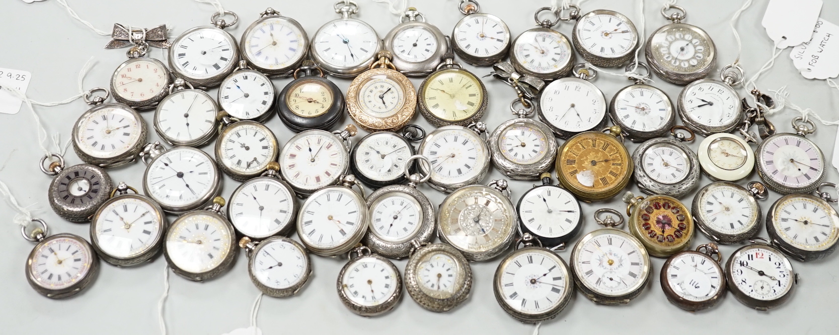 Approximately forty six assorted mainly silver fob watches but also including base and gun metal.